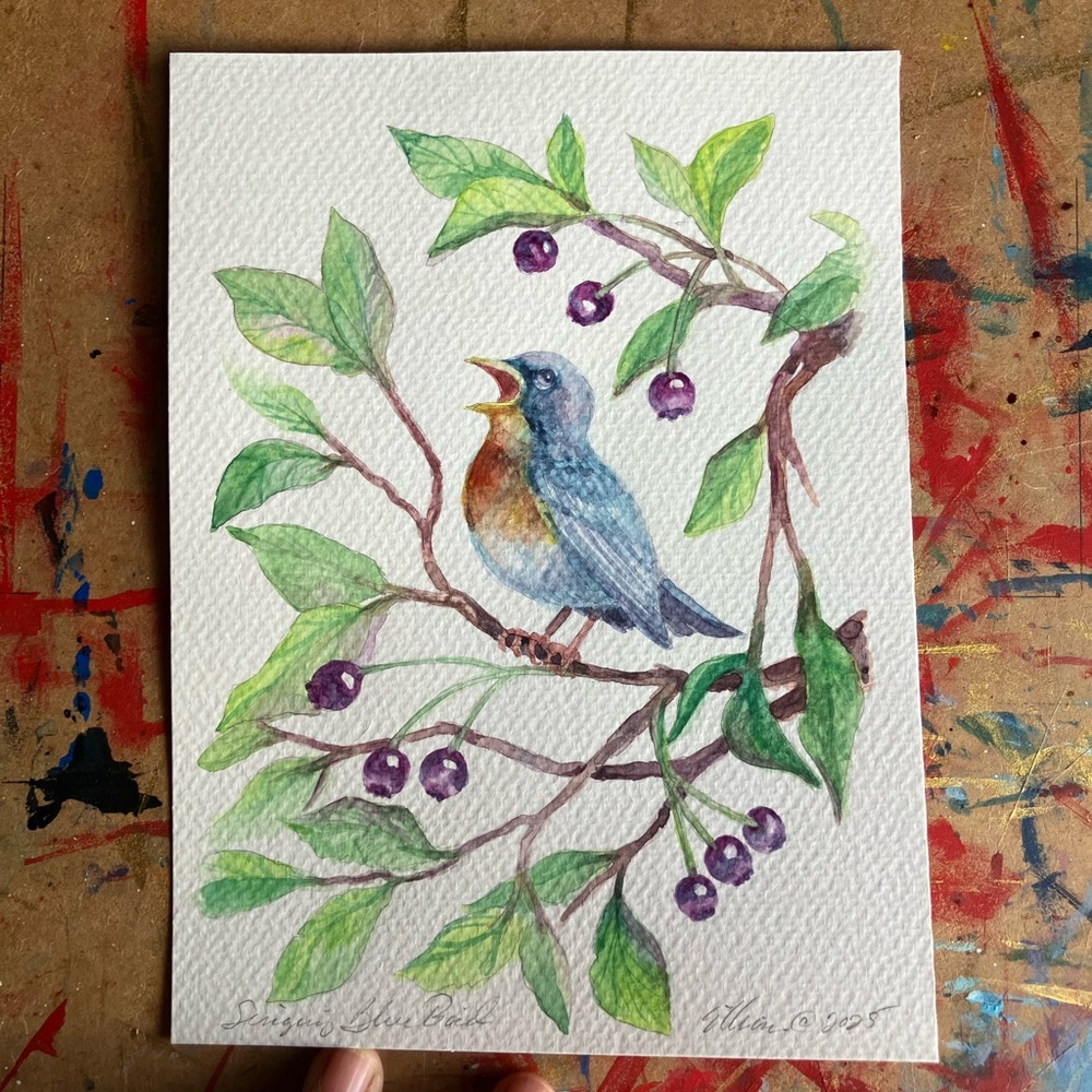 Original painting bird blue berry art nature wall decor artwork Artettina USA